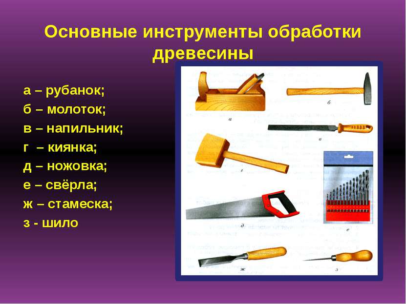 Основные инструменты обработки древесины а – рубанок; б – молоток; в – напиль...