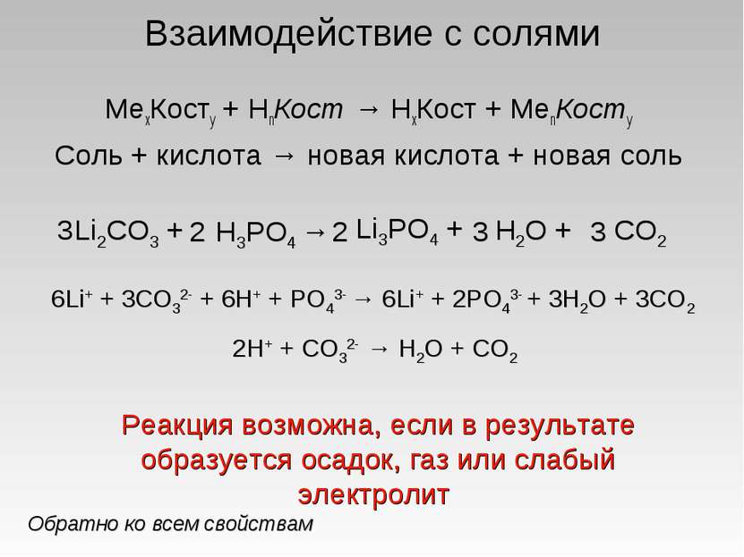 Взаимодействие с солями МеxКостy + HnКост → HхКост + МеnКостy Соль + кислота ...