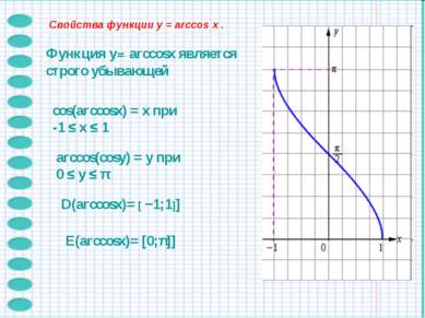 Функция y= arccosx является строго убывающей cos(arccosx) = x при -1 ≤ x ≤ 1 ...