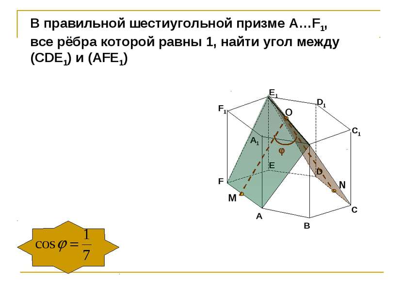 В правильной шестиугольной призме А…F1, все рёбра которой равны 1, найти угол...