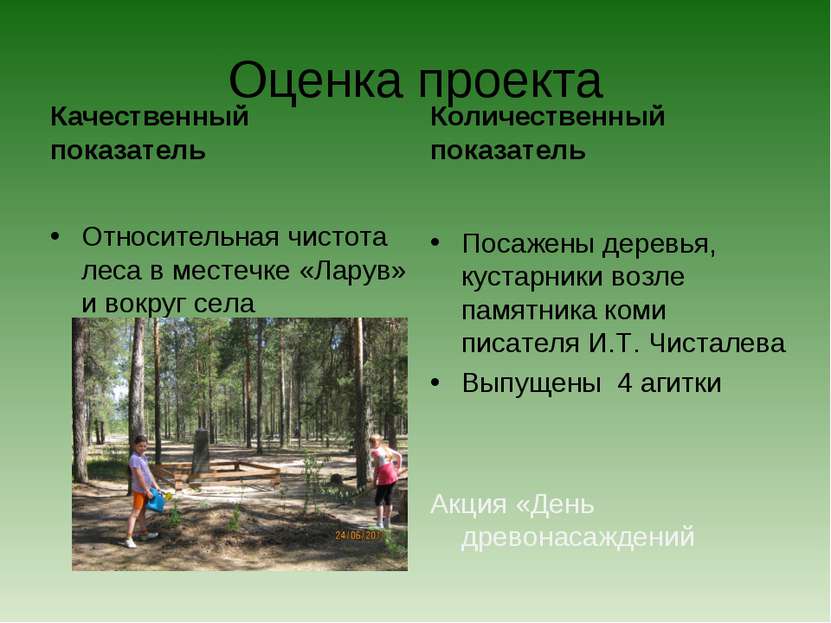 Оценка проекта Качественный показатель Относительная чистота леса в местечке ...