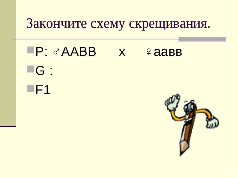 Закончите схему скрещивания. Р: ♂ААВВ х ♀аавв G : F1