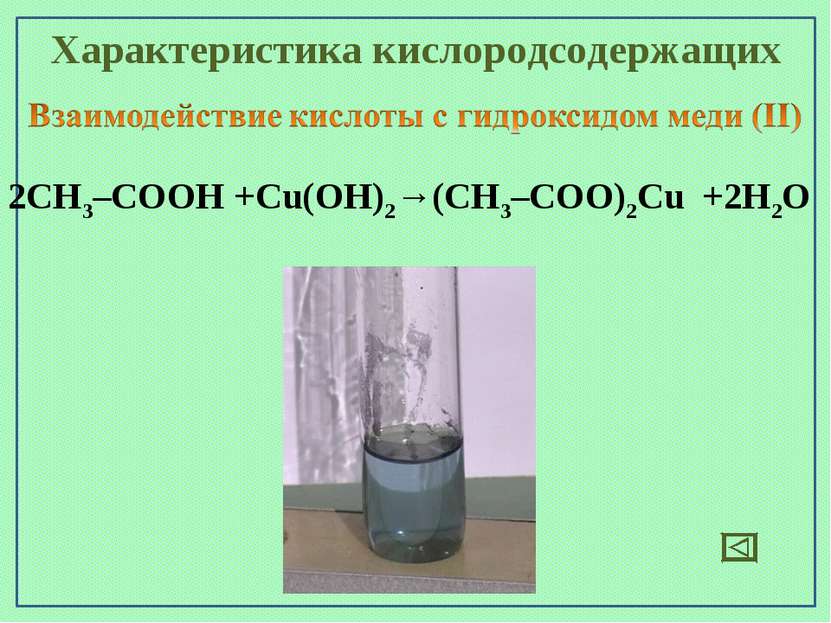 Характеристика кислородсодержащих 2СН3–СООН +Cu(OН)2→(СН3–СОО)2Cu +2H2O
