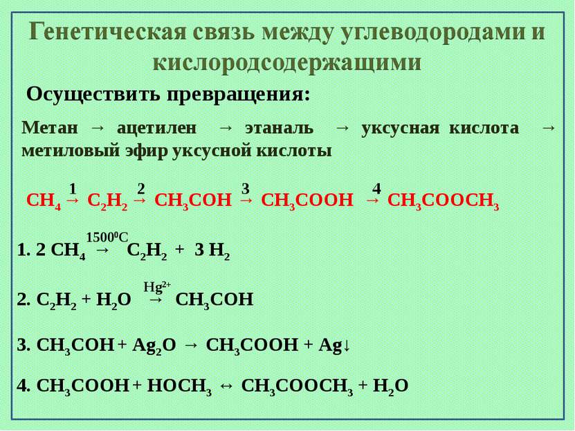 Осуществить превращения: Метан → ацетилен → этаналь → уксусная кислота → мети...