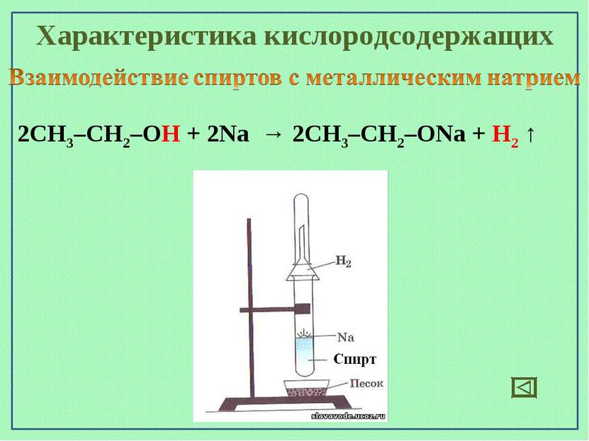 2CH3–CH2–OH + 2Na → 2CH3–CH2–ONa + H2 ↑ Характеристика кислородсодержащих