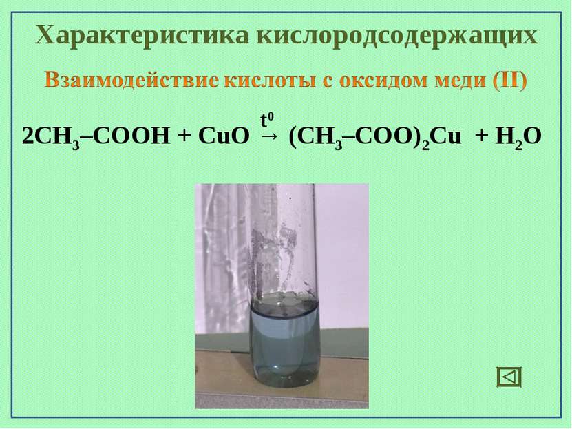 Характеристика кислородсодержащих 2СН3–СООН + CuO → (СН3–СОО)2Cu + H2O t0