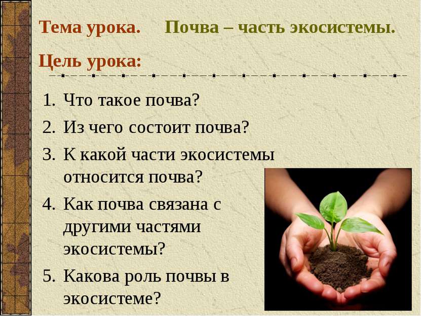 Почва – часть экосистемы. Тема урока. Цель урока: Что такое почва? Из чего со...