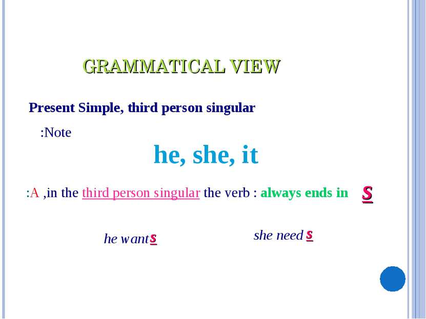 Present Simple, third person singular Note: he, she, it in the third person s...