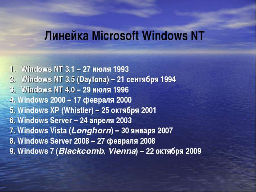 Windows NT 3.1 – 27 июля 1993 Windows NT 3.5 (Daytona) – 21 сентября 1994 Win...