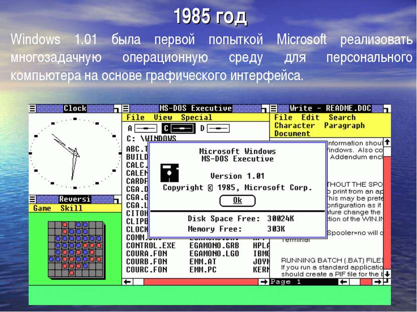 1985 год Windows 1.01 была первой попыткой Microsoft реализовать многозадачну...