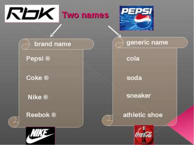 Two names generic name brand name Pepsi ® Coke ® Nike ® Reebok ® cola soda sn...