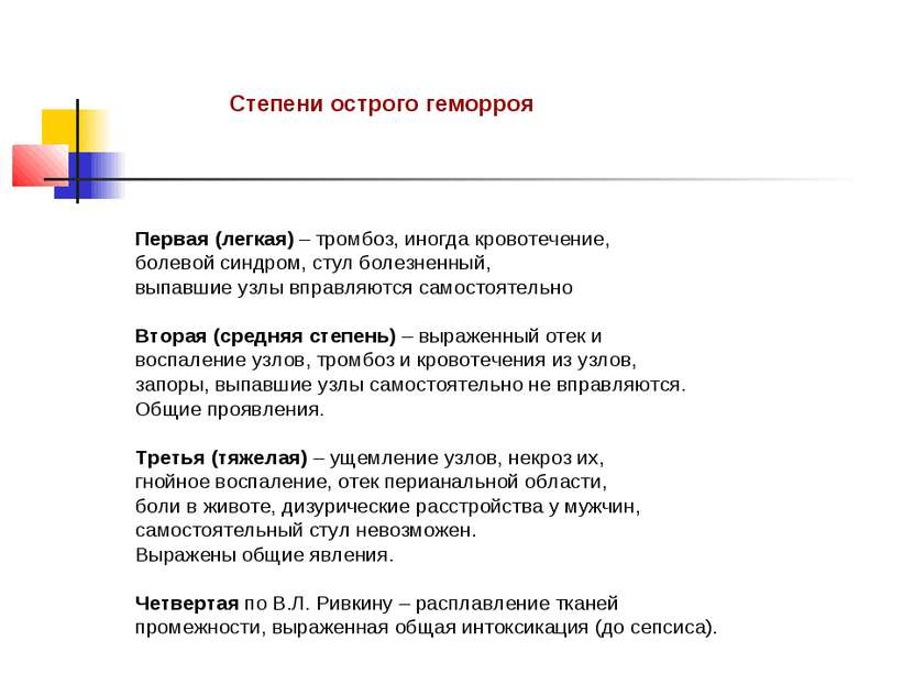 Степени острого геморроя Первая (легкая) – тромбоз, иногда кровотечение, боле...