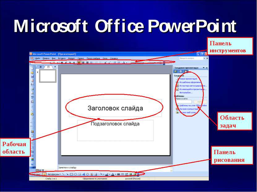Microsoft Office PowerPoint Рабочаяобласть Панель инструментов Панель рисован...
