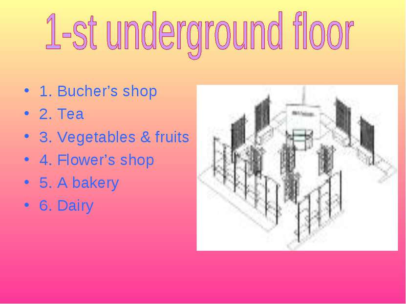 1. Bucher’s shop 2. Tea 3. Vegetables & fruits 4. Flower’s shop 5. A bakery 6...