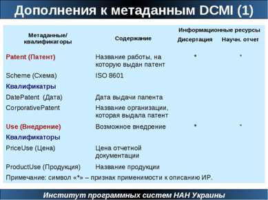 Дополнения к метаданным DCMI (1) Институт программных систем НАН Украины Мета...