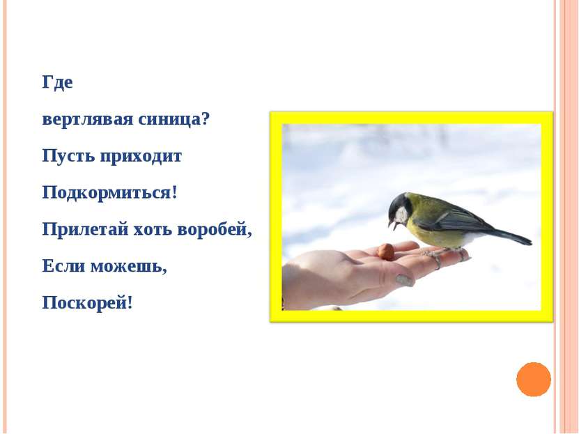 Где вертлявая синица? Пусть приходит Подкормиться! Прилетай хоть воробей, Есл...