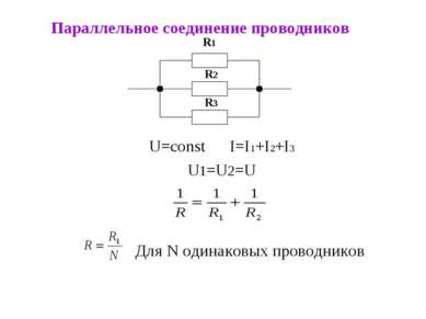 Параллельное соединение проводников U=const I=I1+I2+I3 U1=U2=U R1 R2 R3 Для N...
