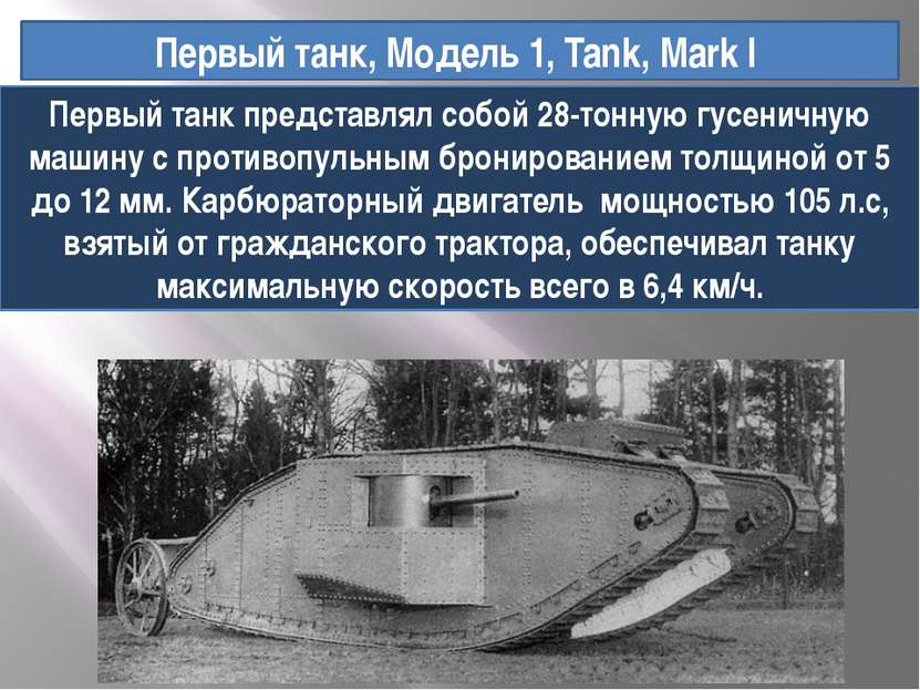 Первый танк, Модель 1, Tank, Mark I Первый танк представлял собой 28-тонную г...