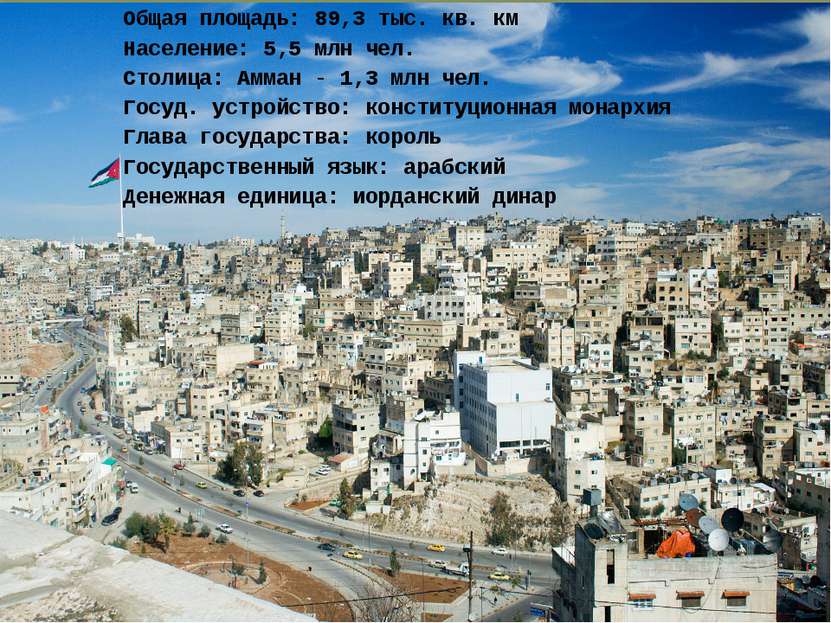 Общая площадь: 89,3 тыс. кв. км Население: 5,5 млн чел. Столица: Амман - 1,3 ...