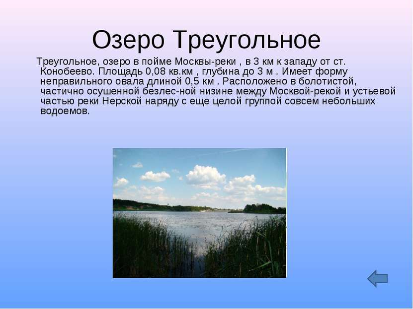 Озеро Треугольное Треугольное, озеро в пойме Москвы-реки , в 3 км к западу от...