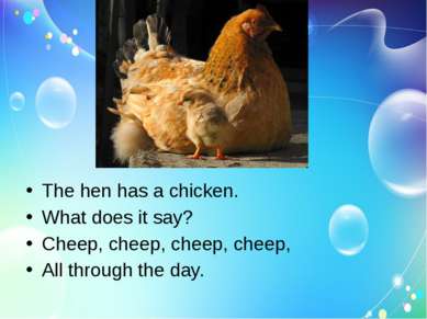 The hen has a chicken. What does it say? Cheep, cheep, cheep, cheep, All thro...