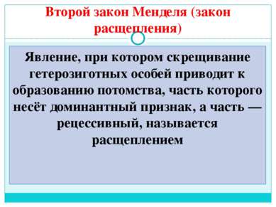 Второй закон Менделя (закон расщепления) Явление, при котором скрещивание гет...