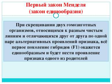 Первый закон Менделя (закон единообразия) При скрещивании двух гомозиготных о...