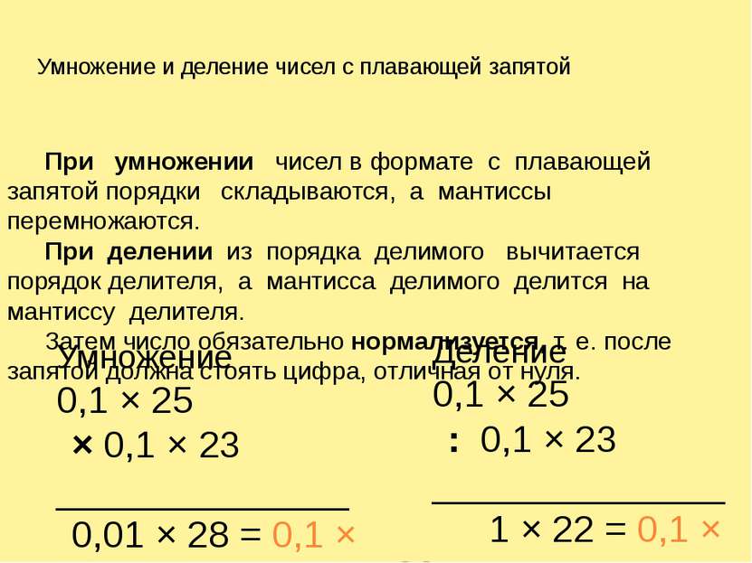 Умножение и деление чисел с плавающей запятой При умножении чисел в формате с...