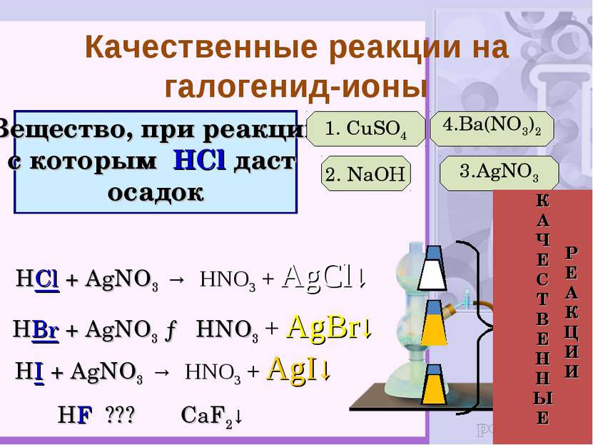 Вещество, при реакции с которым HCl даст осадок 1. CuSO4 2. NaOH 3.AgNO3 4.Ba...