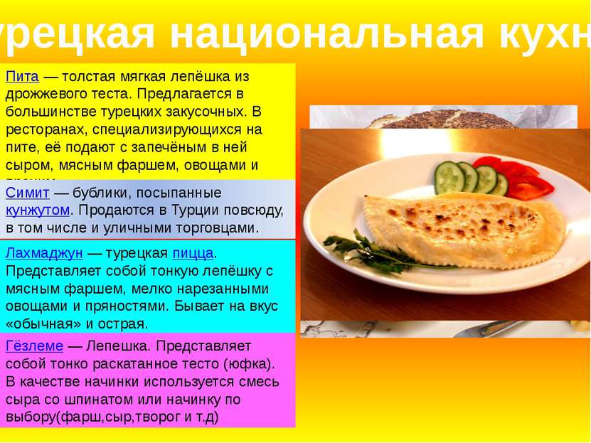 Турецкая национальная кухня Пита — толстая мягкая лепёшка из дрожжевого теста...