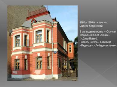 1886 – 1890 гг. – дом на Садово-Кудринской. В эти годы написаны - «Скучная ис...