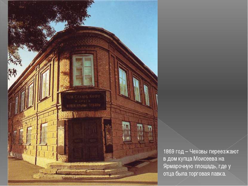1869 год – Чеховы переезжают в дом купца Моисеева на Ярмарочную площадь, где ...