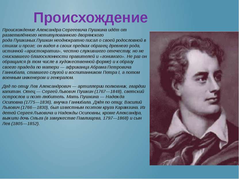 Происхождение Александра Сергеевича Пушкина идёт от разветвлённого нетитулова...