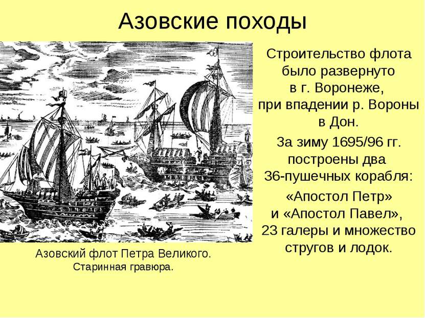 Азовские походы Строительство флота было развернуто в г. Воронеже, при впаден...
