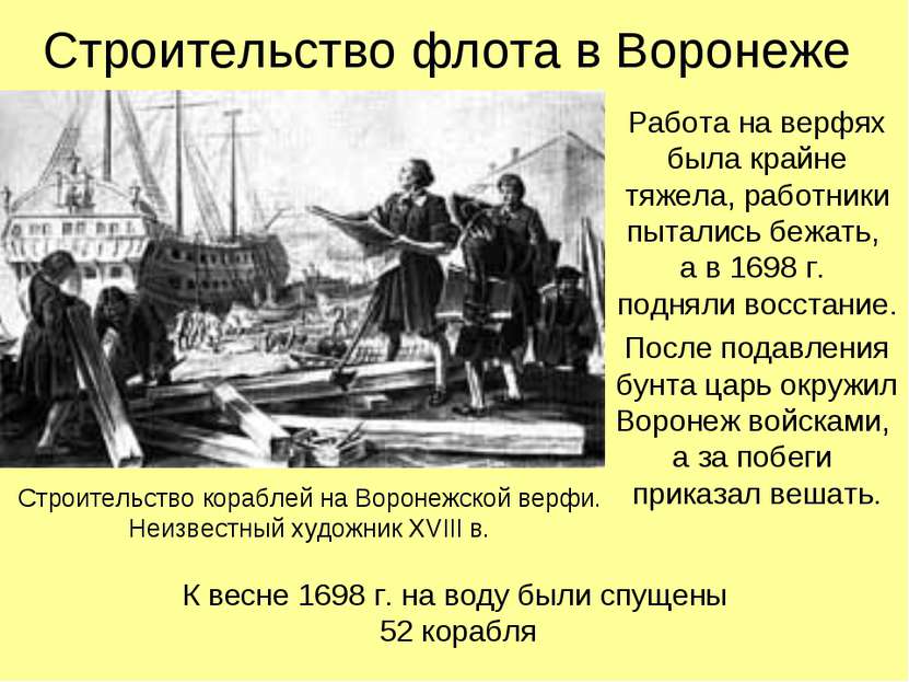 Строительство флота в Воронеже Работа на верфях была крайне тяжела, работники...