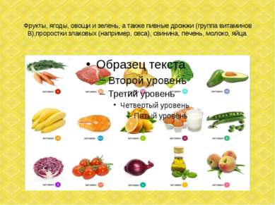 Фрукты, ягоды, овощи и зелень, а также пивные дрожжи (группа витаминов В),про...
