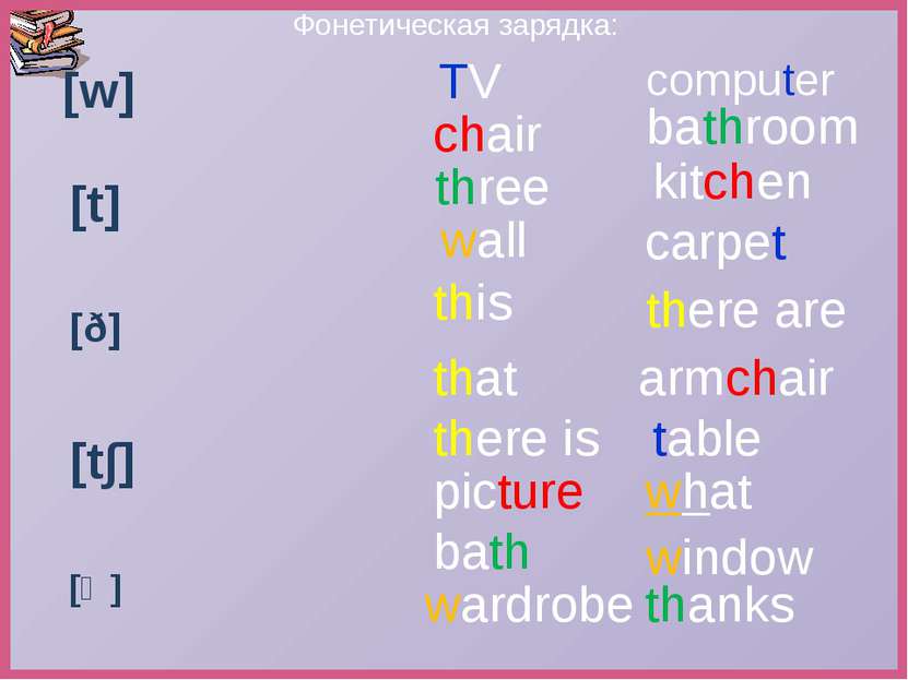 Фонетическая зарядка: [w] [t∫] [t] [ð] [Ө] TV wall that there is picture bath...