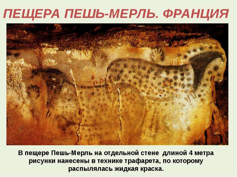 В пещере Пешь-Мерль на отдельной стене длиной 4 метра рисунки нанесены в техн...