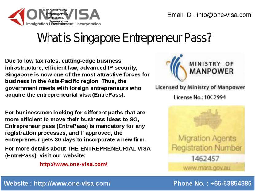 What is Singapore Entrepreneur Pass? Email ID : info@one-visa.com Website : h...