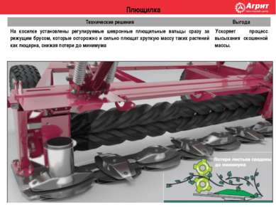 Плющилка Технические решения Выгода На косилке установлены регулируемые шевро...