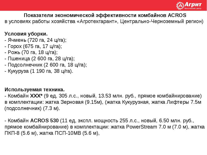 Показатели экономической эффективности комбайнов ACROS в условиях работы хозя...