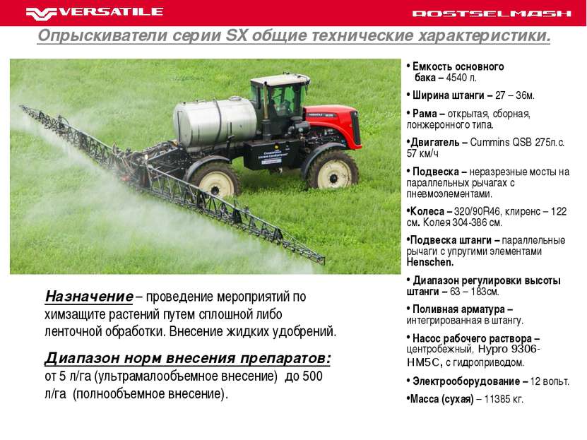Опрыскиватели серии SX общие технические характеристики. Емкость основного ба...