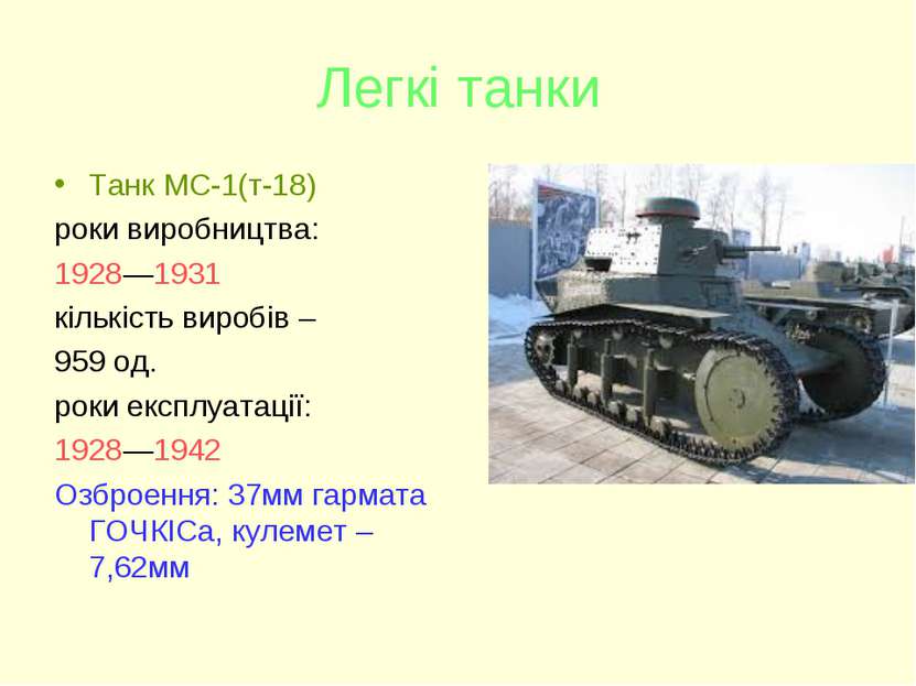 Легкі танки Танк МС-1(т-18) роки виробництва: 1928—1931 кількість виробів – 9...