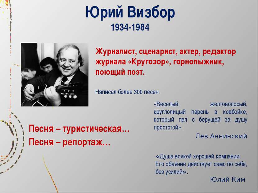 Юрий Визбор 1934-1984 Журналист, сценарист, актер, редактор журнала «Кругозор...
