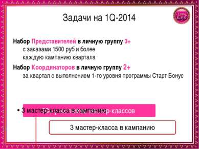 Задачи на 1Q-2014 Набор Представителей в личную группу 3+ с заказами 1500 руб...
