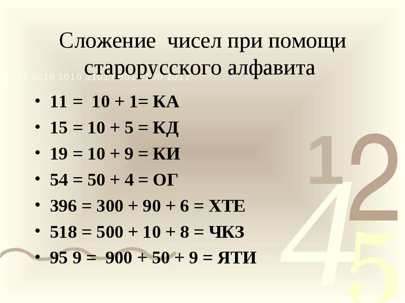 Сложение чисел при помощи старорусского алфавита 11 = 10 + 1= КА 15 = 10 + 5 ...