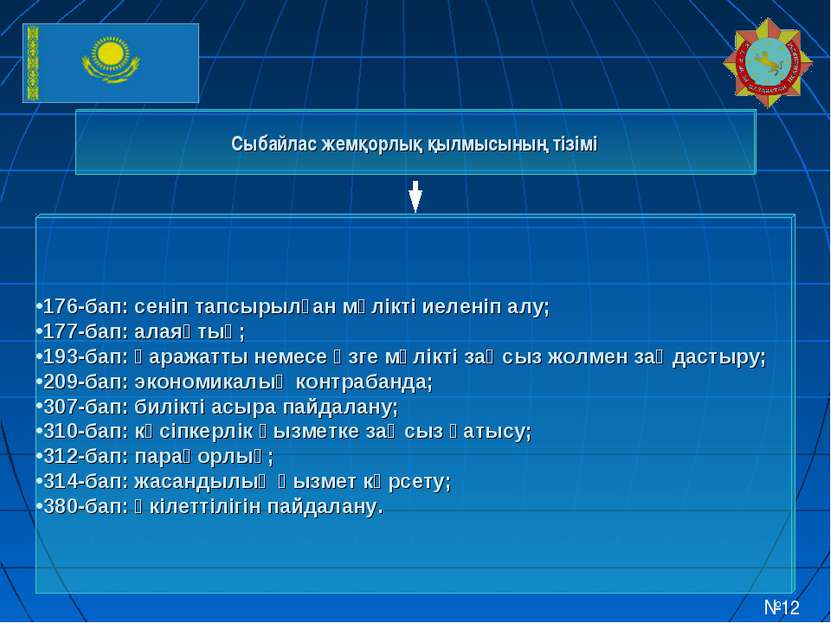 Сыбайлас жемқорлық қылмысының тізімі 176-бап: сеніп тапсырылған мүлікті иелен...