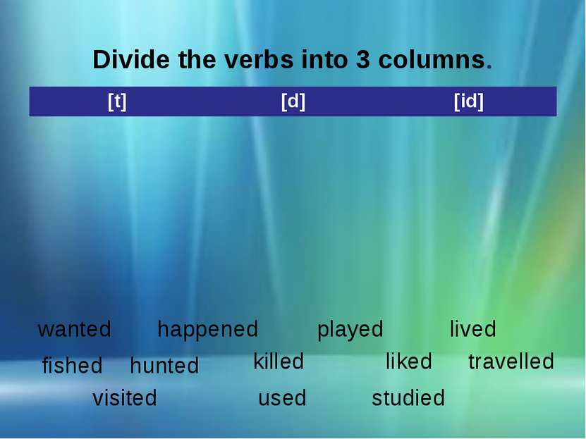 Divide the verbs into 3 columns. wanted happened played lived fished hunted k...