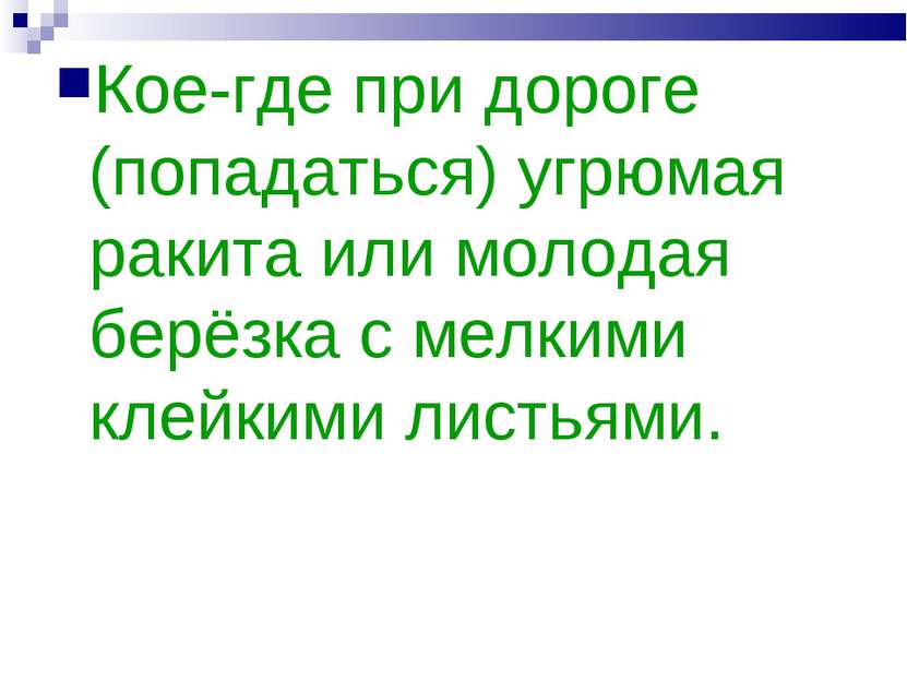 Кое-где при дороге (попадаться) угрюмая ракита или молодая берёзка с мелкими ...