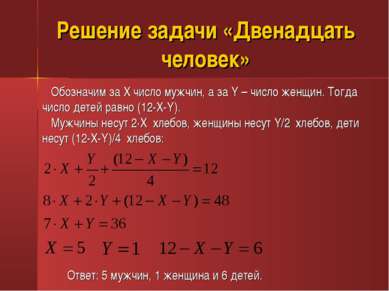 Решение задачи «Двенадцать человек» Обозначим за X число мужчин, а за Y – чис...